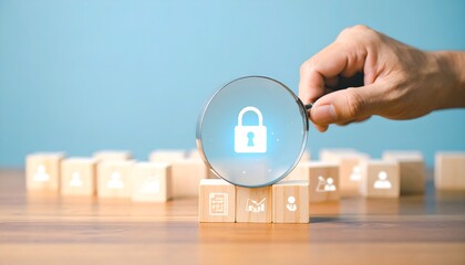 A hand holding a magnifying glass over a digital padlock icon on wooden blocks, symbolizing security and data protection.