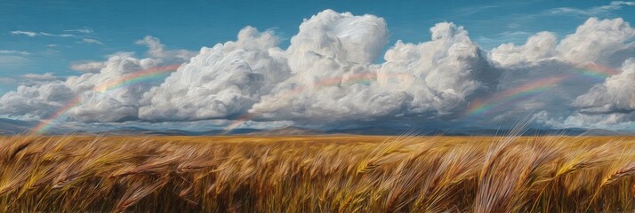 Scenic Landscape of Golden Wheat Field Under Vibrant Clouds and Rainbows in a Bright Blue Sky