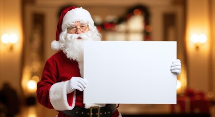 Santa claus red suit white beard holding blank sign christmas workshop warm lights. Holiday character festive message board promotional display december celebration. Christmas marketing concept