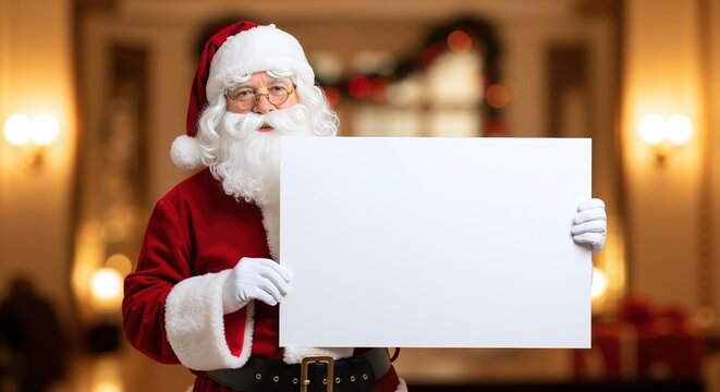 Santa claus red suit white beard holding blank sign christmas workshop warm lights. Holiday character festive message board promotional display december celebration. Christmas marketing concept