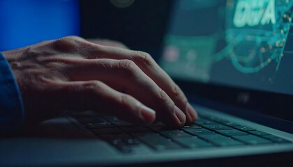Close-up of a person's hands typing on a laptop keyboard, with a digital display visible on the screen.
