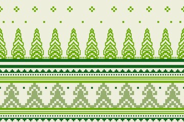 Seamless Green Pixel Pattern with Christmas Trees