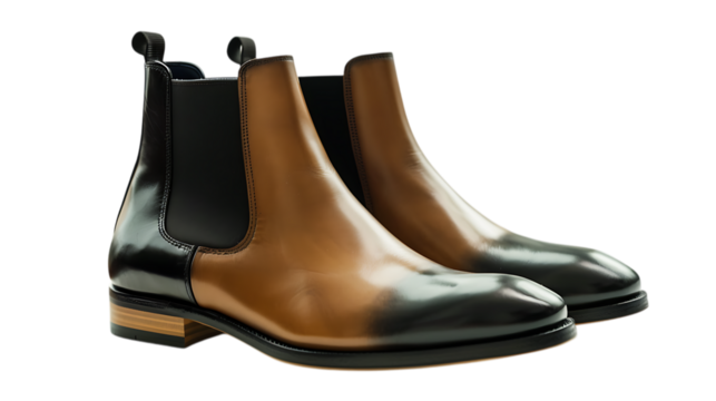 Stylish brown and black leather chelsea boots isolated on transparent background, a fashionable footwear choice for men, perfect for adding a touch of sophistication to any outfit