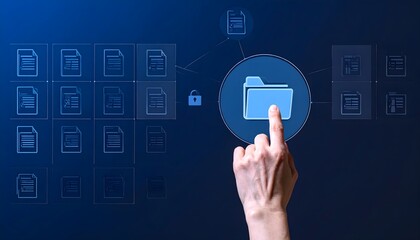 Hand interacts with a digital database overlayed on a cityscape, connected to a global network.