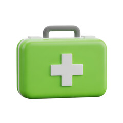 Obraz premium 3d icon of green first aid kit with a white cross and grey handle, isolated on transparent background