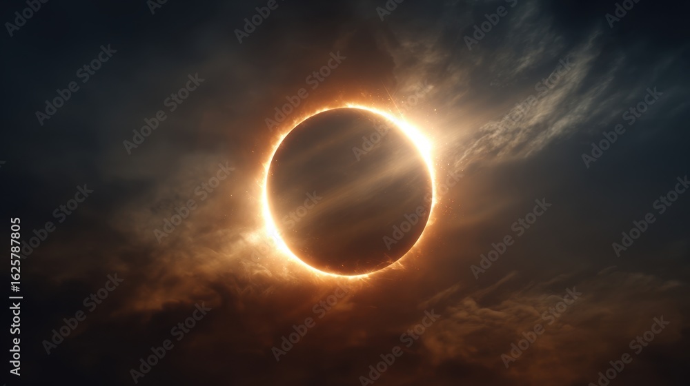 Poster solar eclipse spectacle: a mesmerizing solar eclipse unfolds against a backdrop of ethereal clouds, 