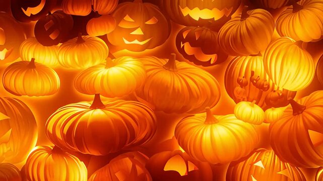 Glowing carved pumpkin faces and spooky orange Halloween wall decoration illuminate modern room with festive carved face light