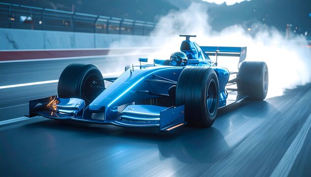 Futuristic Race Car on Track at Night, Dynamic Matte Navy Blue Environment Captured in Stunning Photo Formula Car 