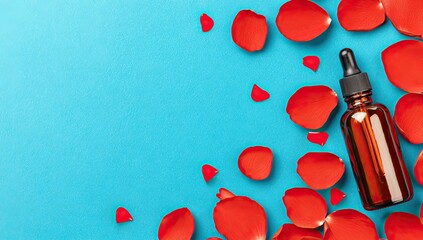 Amber bottle with dropper, surrounded by red rose petals on a bright teal background