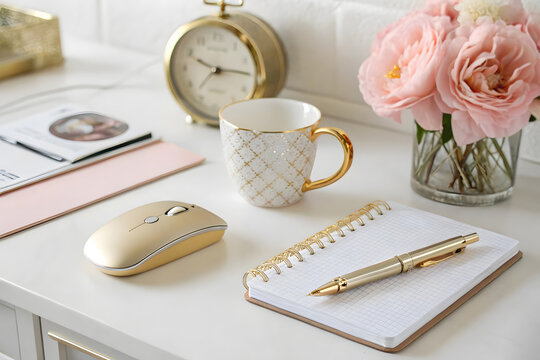 Stylish Desk Setup with Gold Accessories, Flowers, and Notebook office workspace