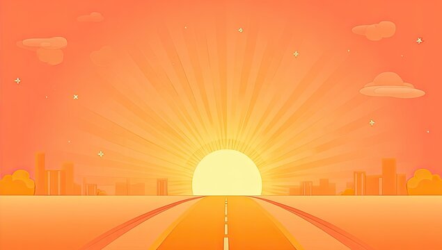 A stylized sunrise over a road leading to a city.
