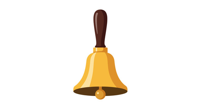 Classic golden handbell with a wooden handle for service calls or notifications. Vector illustration isolated on white background.