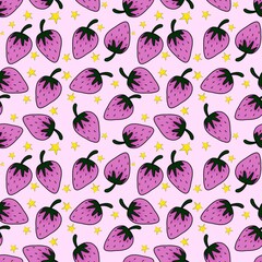 Cute Pink Strawberry Seamless Pattern with Stars on Pastel Background