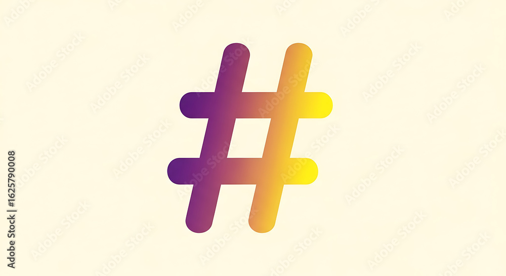 Poster a gradient hashtag symbol transitioning from purple to yellow on a light yellow background image des