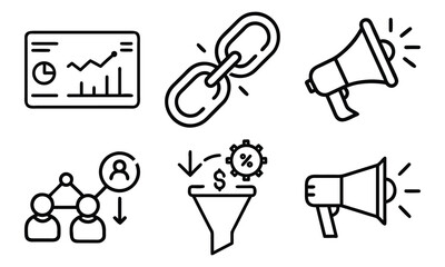 Marketing and Business Line Icons 6 Vector Icons for SEO Link Building, Sales Funnel, Promotion, Analytics, Customer Targeting and Digital Advertising