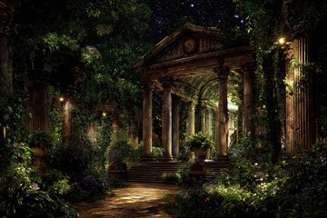 Obraz premium Ancient garden path at night. Lush foliage surrounds a colonnaded walkway with stone steps leading to a classical structure under a starry sky