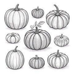 Collection of hand drawn pumpkins isolated on white background