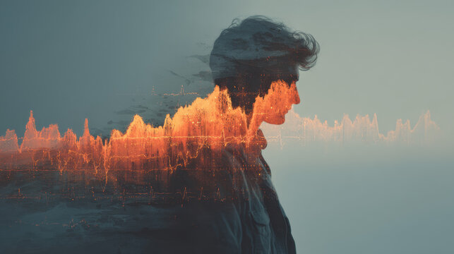 Silhouette of a Young Man with Overlaid Digital Data Waves, Modern Technology Concept, Abstract Profile Shot - Powered by Adobe