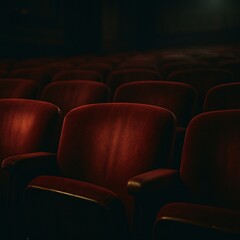 Close-Up Realistic Photo of Empty Row of Red Theater Seats in a Darkened Vintage Cinema – Cinematic Stillness