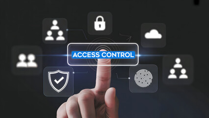 Finger touching Access Control button for robust cybersecurity and data protection solutions, ensuring network security with user authentication and cloud safety
