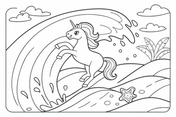 Obraz premium Coloring Pages, unicorn surfing on waves, cartoon fantasy style, black and white outline only