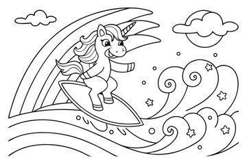 Coloring Pages, unicorn surfing on waves, cartoon fantasy style, black and white outline only