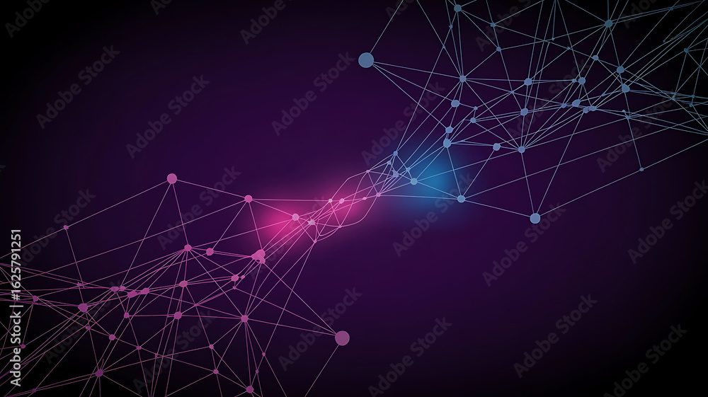 Poster abstract network of glowing particles and lines connecting in a dark purple digital space