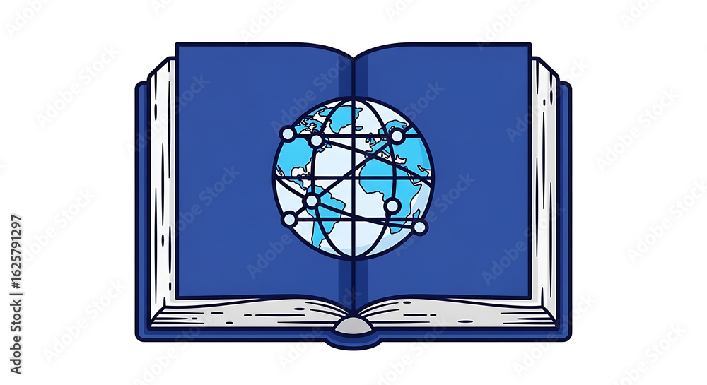 Poster an open blue book with a globe and network connections on its pages showing global knowledge access 