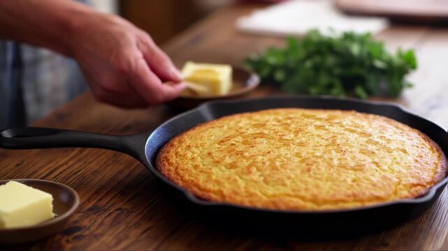 Delicious homemade cornbread in a cast iron skillet, perfect for dinner