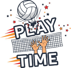 A dynamic cartoon illustration of a volleyball smashing the word PLAY above a net and hands.