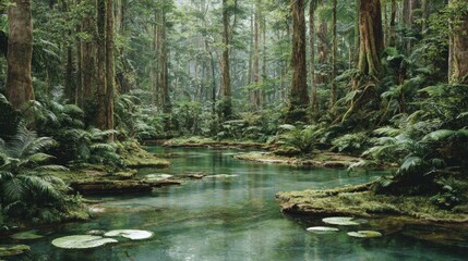 Obraz premium Lush tropical forest with a crystal-clear stream.