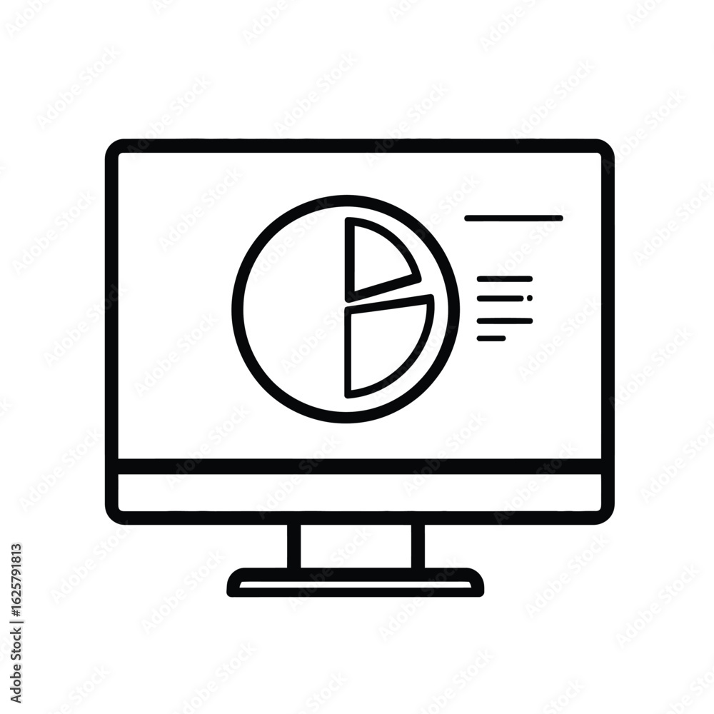 Poster desktop monitor displaying pie chart data and menu outline icon on screen