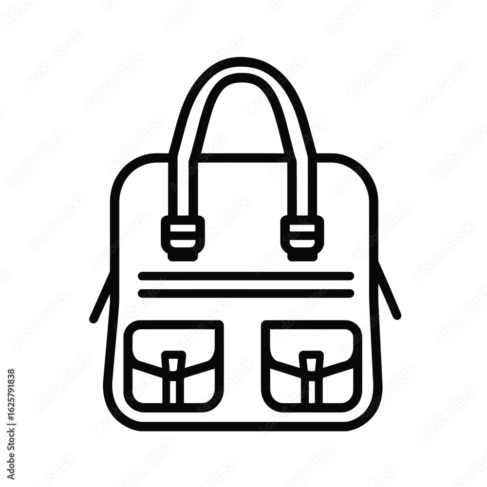 Poster detailed line art illustration of a structured handbag with distinct pockets and handles
