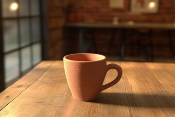 Fototapeta premium Terracotta mug sits on a wooden table.