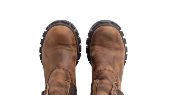 Durable brown leather work boots isolated on transparent background, designed for safety and protection in construction and industrial settings, showcasing robust construction and elastic side panels