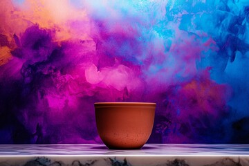Terracotta bowl on a marble surface against a vibrant abstract background.