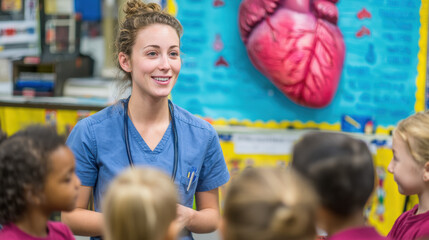 Healthcare Education: Female Nurse Teaching Children About Heart Health in Classroom Setting