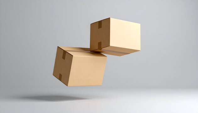 Two Cardboard Boxes Floating or Falling in Mid-Air on a Minimal Gray Background, for Shipping and E-commerce.