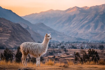 Majestic Alpaca Standing on Hilltop Overlooking Serene Mountain Landscape at Sunset in Peru's Idyllic Countryside