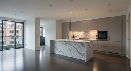 Obraz premium An open-concept apartment with polished concrete floors, a stylish kitchen with a marble island, and smart, integrated storage solutions to maintain a clutter-free space.