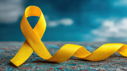Yellow Awareness Ribbon on Vibrant Blue Sky Background - Symbol of Support, Hope, and Remembrance for Campaigns and Causes