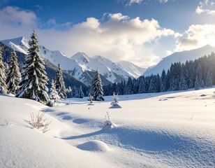 Stunning winter landscape with snow-covered pine trees and mountain hills under a bright sky. Ideal for nature themes, seasonal backgrounds, travel content, and holiday visuals. High-resolution scener