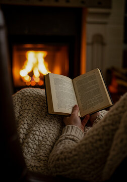 A cozy person in a knit sweater is reading a book in front of a warm fireplace, with a gentle glow illuminating the pages