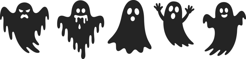 Set of spooky cartoon ghost silhouettes, Halloween decoration icons, scary and funny faces, black vector characters, haunted theme, cute ghost clipart, holiday illustration.