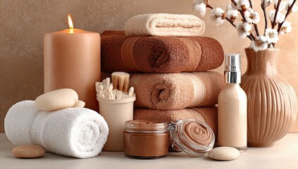 Spa supplies in warm beige and brown tones. Rolled towels, candles, body products, and flowers