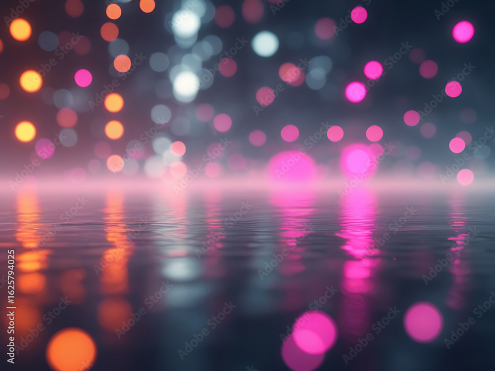 Poster abstract futuristic background with colorful bokeh lights reflecting on a wet, misty surface. ai