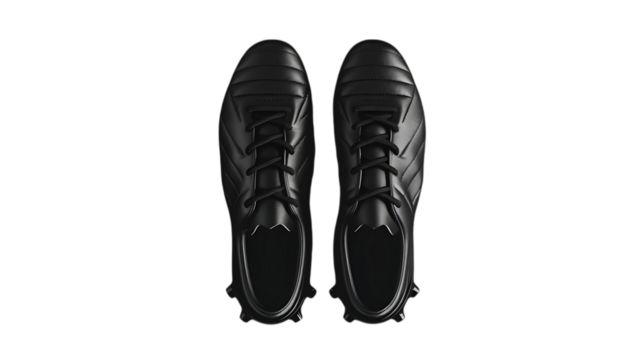 Top view of a pair of black soccer cleats isolated on transparent background, showcasing their design and features for sports, training, and professional athletic performance in a studio setting