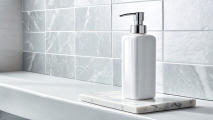 modern bathroom sink with faucet, sleek white pump bottle on a marble tray in a modern minimalist bathroom with gray tiles