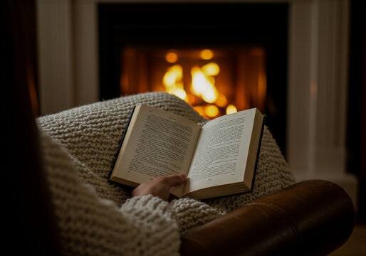 A person is relaxing on a cozy chair, reading a book with a knit blanket draped over their lap and a warm fireplace in the background