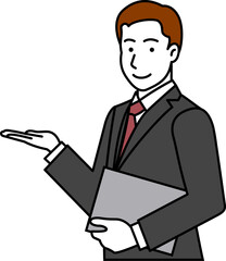 メガネ無し、グレースーツ、ファイルを持ち、こちらと指し示す男性